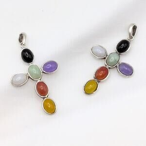 Sterling Silver 925 Cabochon Multi-Gemstone Cross Pendants Matching Pair Set